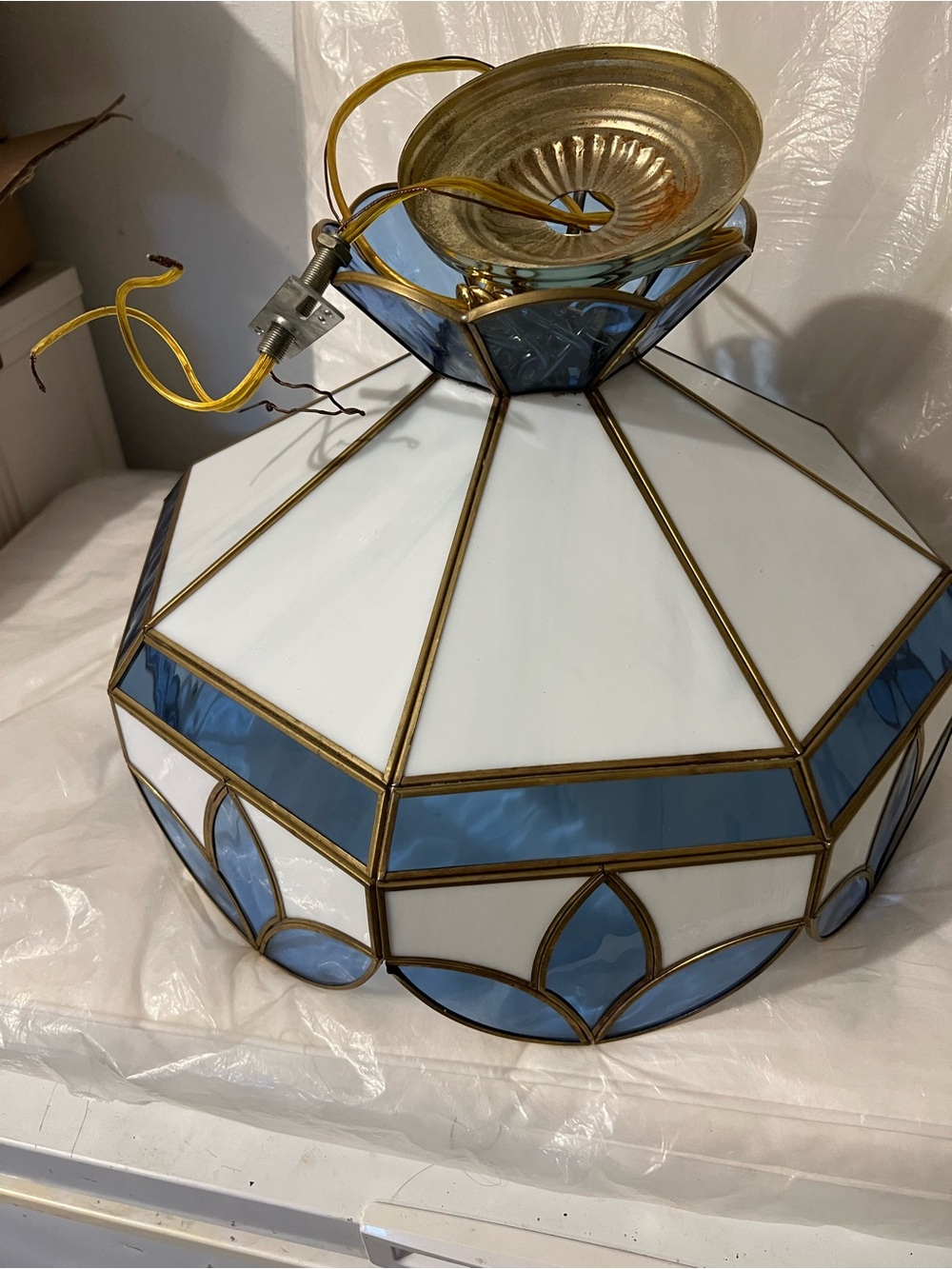 Blue and White Stained Glass Pendant Light Fixture - Classic Home Accent
